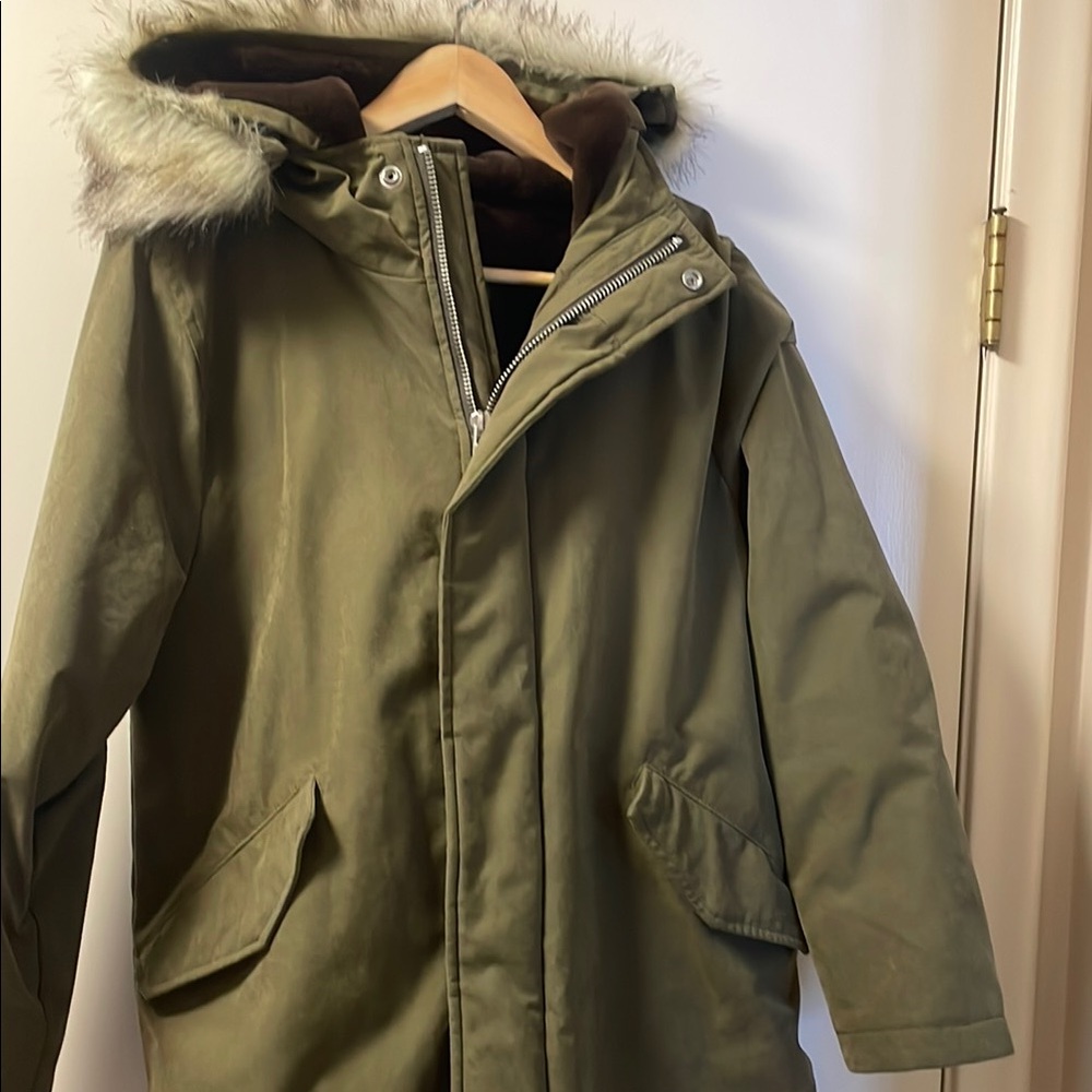 Abercrombie & Fitch Olive Hooded Parka Coat with fur trimmed hood